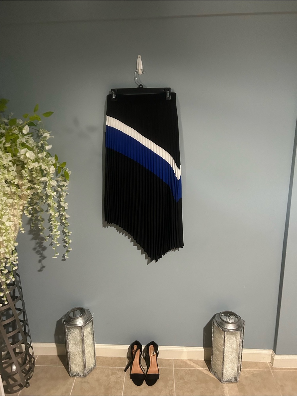 DKNY Black Asymmetrical Pleated Skirt with Blue & White Diagonal Stripe